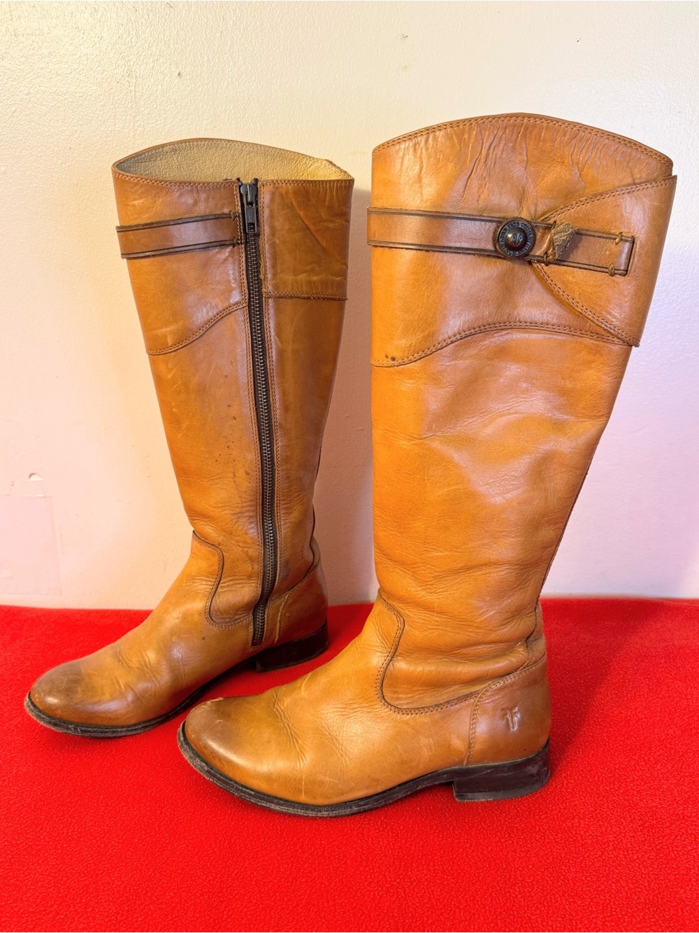 Frye Molly BUTTON Tall Cognac Leather Riding ZIP Boots Women size 6B Retail $398